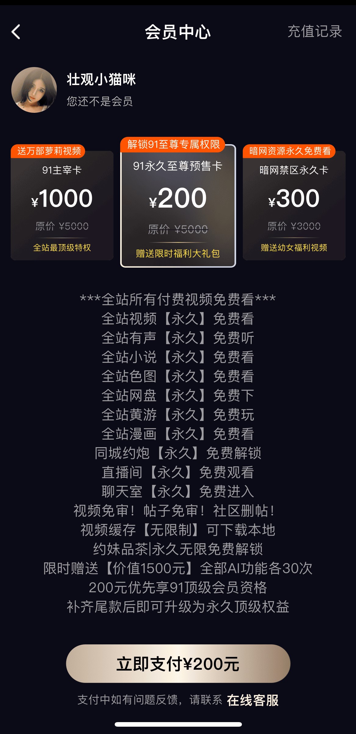 91POAPP会员中心套餐选择与特权说明页面
